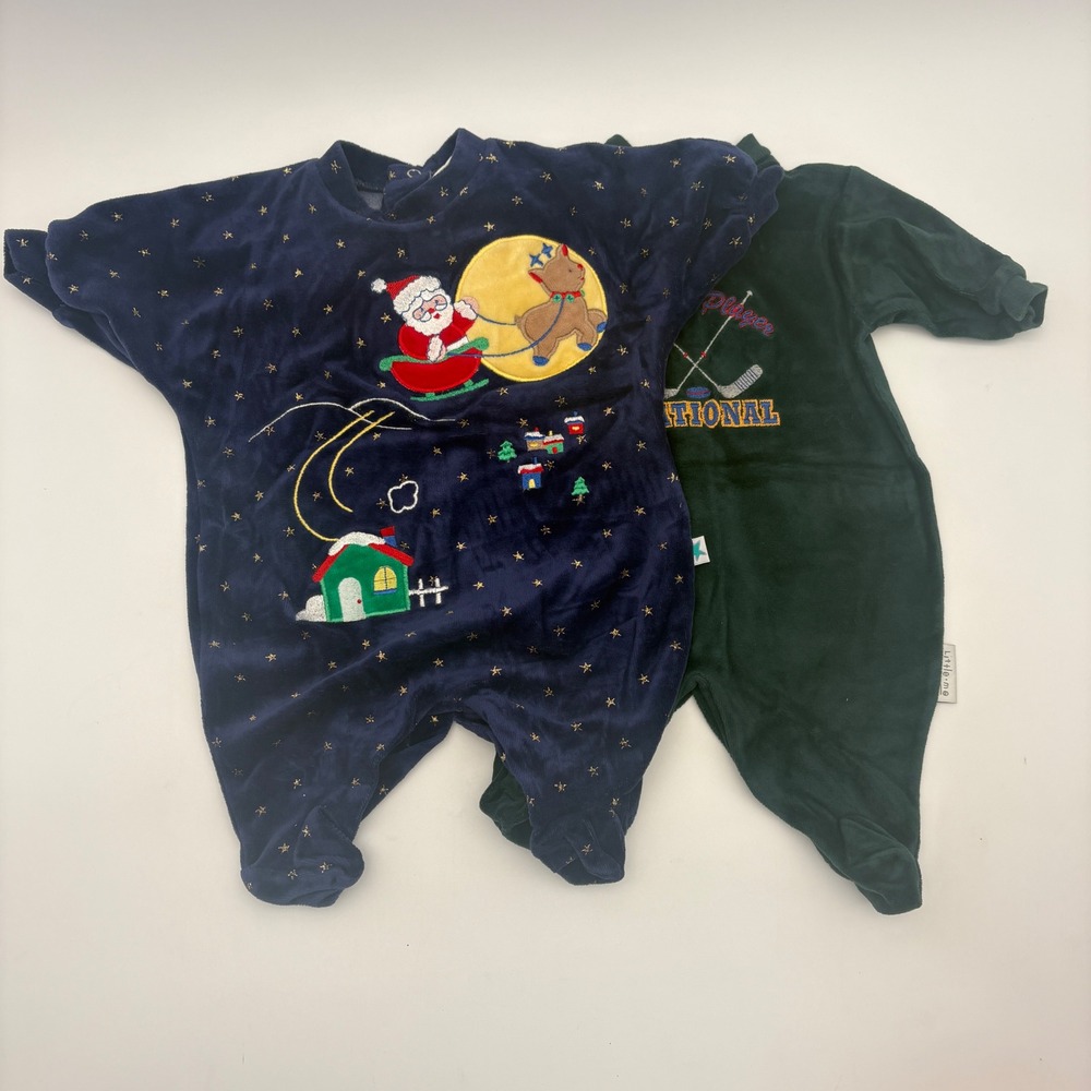 Little Me Vintage Baby Velour Sleepers Lot of 2 Christmas Hockey Navy Green 3M